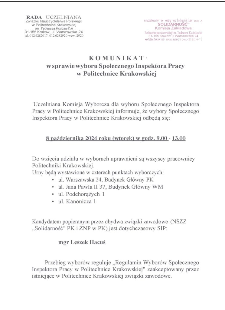 Wybory Społecznego Inspektora Pracy 2024